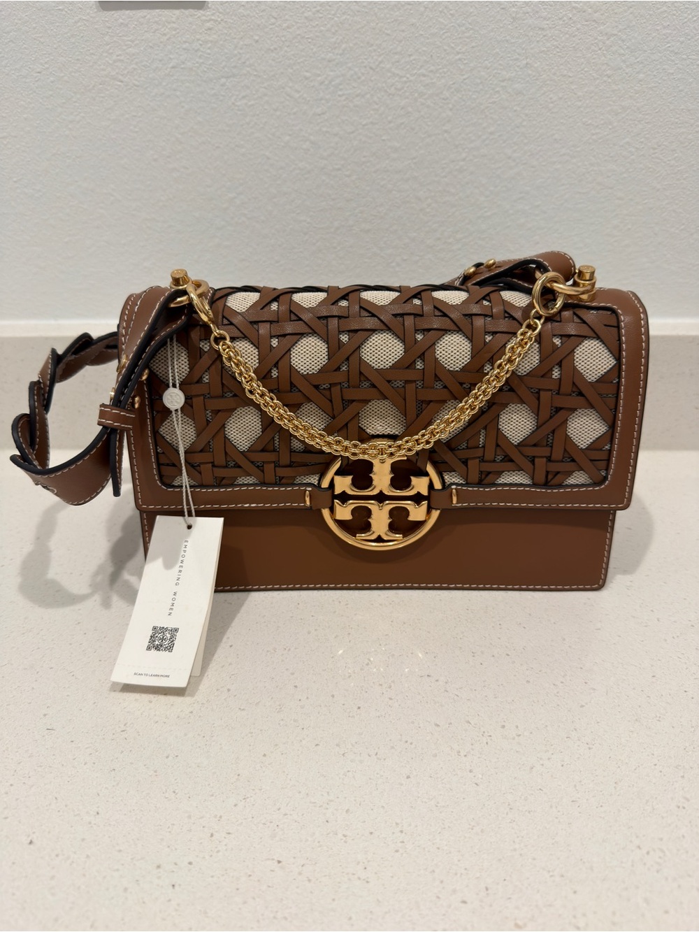 Tory Burch Brown Leather Shoulder Bag with Gold Chain